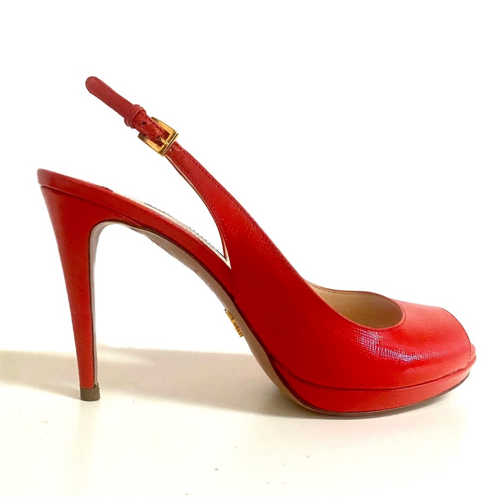 Prada Red Slingback Heels, Open Tie, Saffiano Patent Leather, Size 38.5 US 8